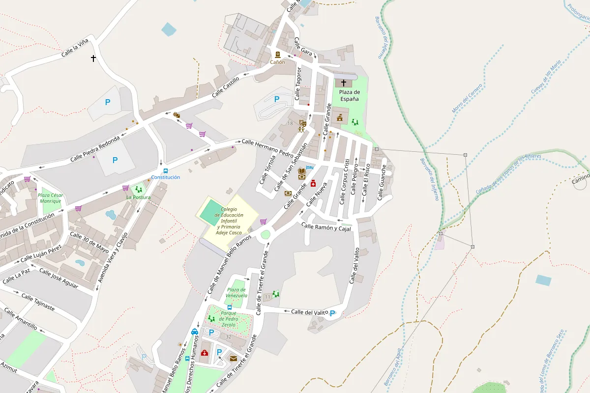 Plano del casco de Adeje con la situación del hotel en la calle Grande